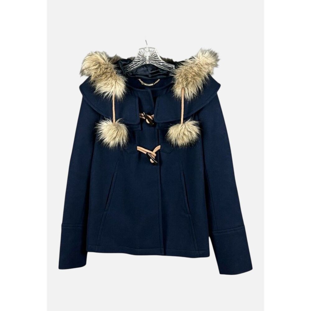 Juicy Couture Navy Wool Blend Toggle Coat Faux Fur Pom Pom Hood Size S Y2K